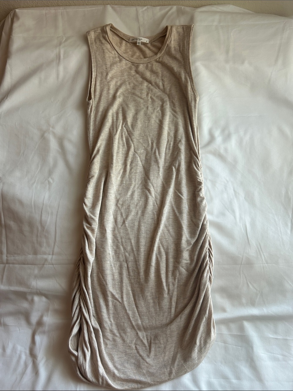 AE Studio Ruched Tank Midi Dress in Light Beige